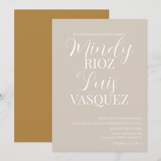 Convite de Casamento Bege Terroso Roteiro Moderno (Frente/Verso)