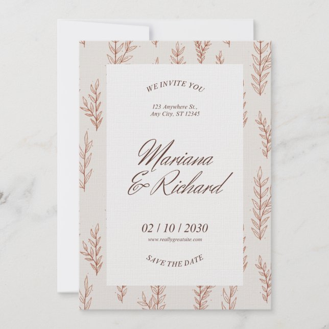 Convite de Casamento Beige Botânico Boho (Frente)