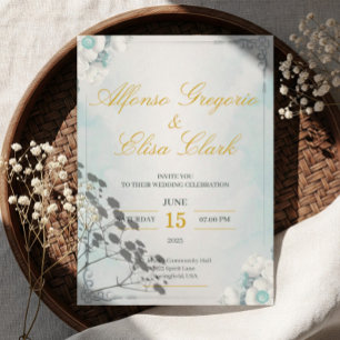 Convite de Casamento Beleza Flor Azul e Branco