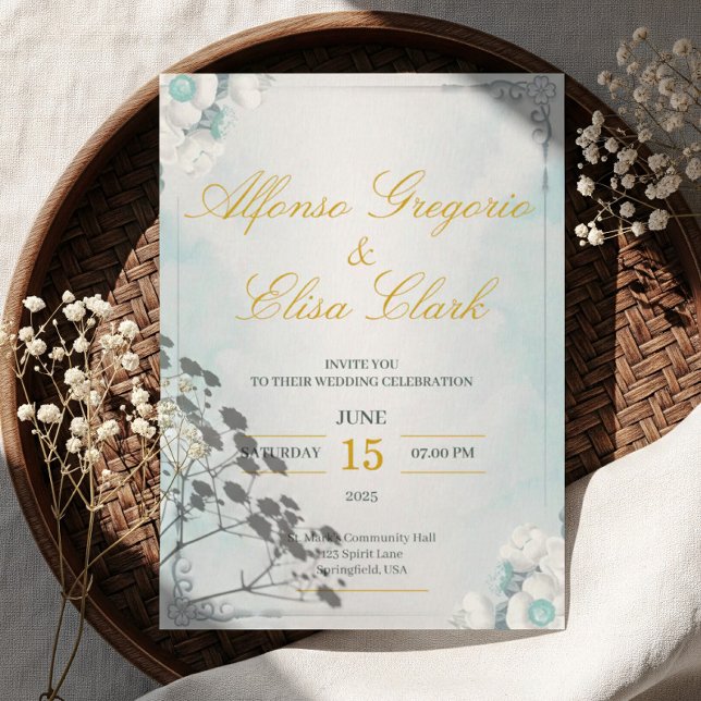 Convite de Casamento Beleza Flor Azul e Branco (Criador carregado)