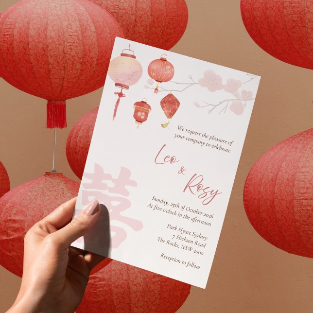Convite de Casamento Bilíngue Chinês com Lanternas (Criador carregado)