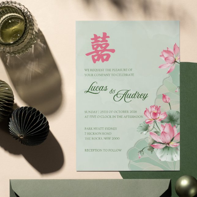 Convite de Casamento Bilíngue Verde Rosa Lótus (Criador carregado)