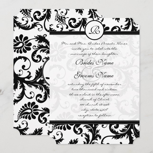 Convite de Casamento Black Damask Swirls com Ponto (Frente/Verso)