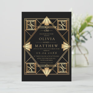 Convite de Casamento Black & Gold Arte Deco Modern