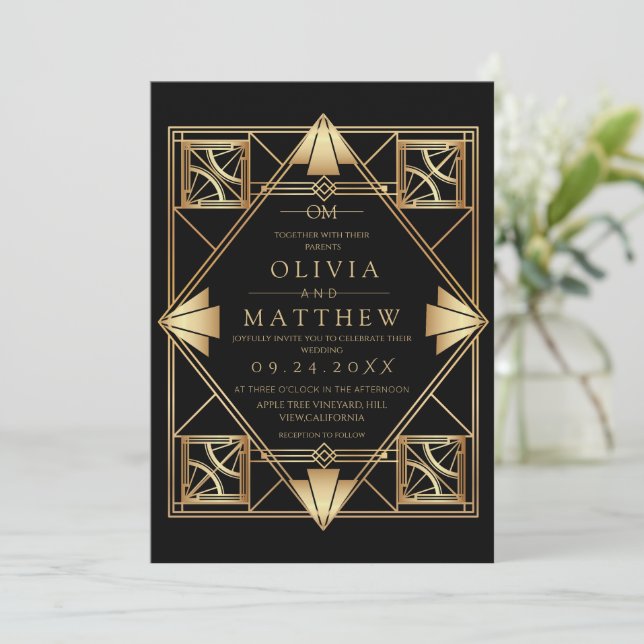 Convite de Casamento Black & Gold Arte Deco Modern (Em pé/Frente)