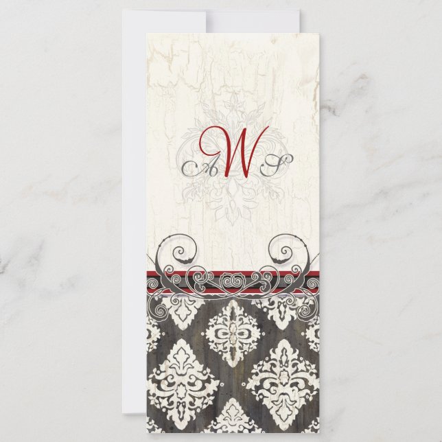 Convite de casamento Black 'n White Damask (red) (Frente)