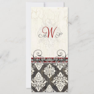 Convite de casamento Black 'n White Damask (red)