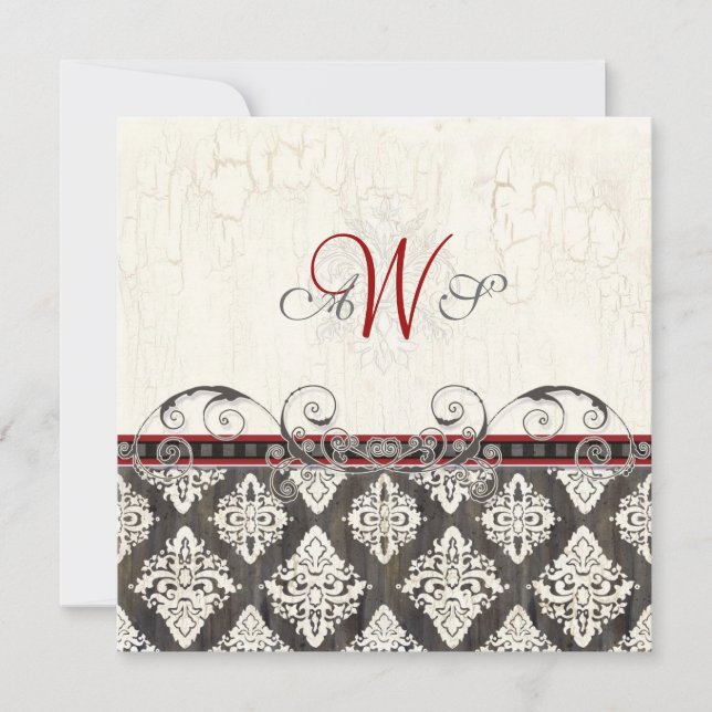 Convite de casamento Black 'n White Damask (red) (Frente)