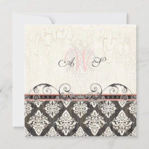 Convite de casamento Black 'n White Damask (rosa)