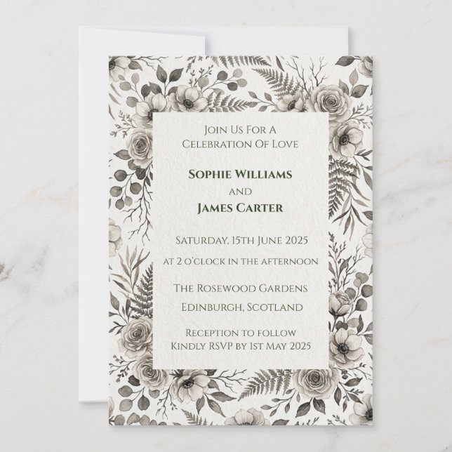Convite de Casamento Black Rose Fern (Frente)