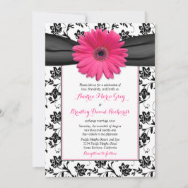 Convite de casamento Black White Damask Pink Daisy