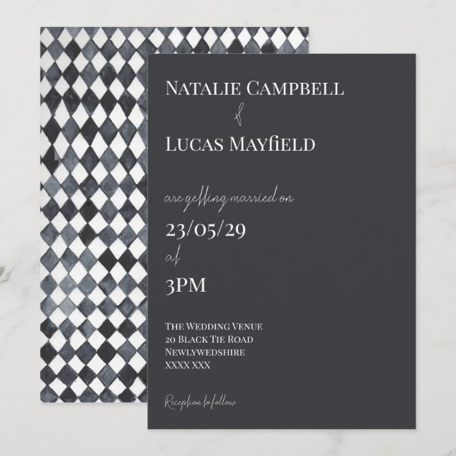 Convite de Casamento Black & White Diamond Back (Frente/Verso)