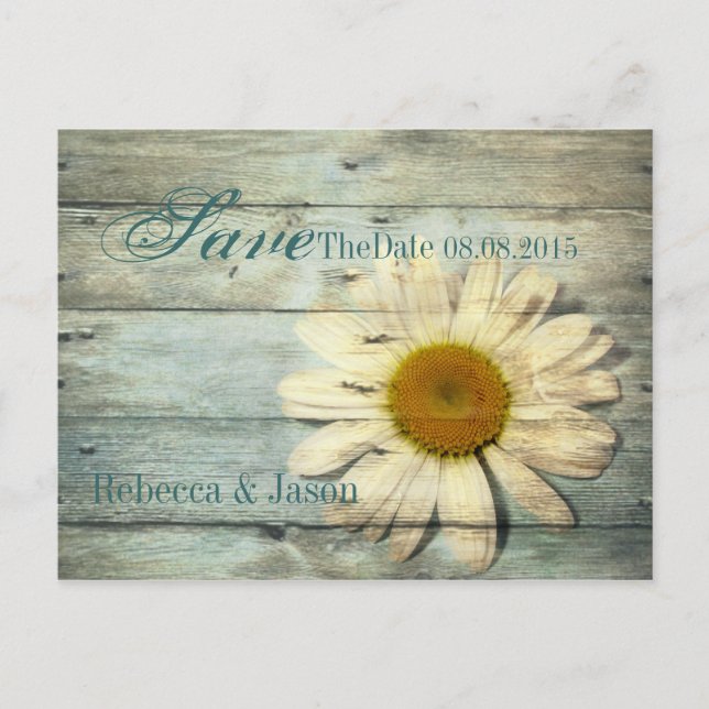 convite de casamento blue barnwood country daisy s (Frente)