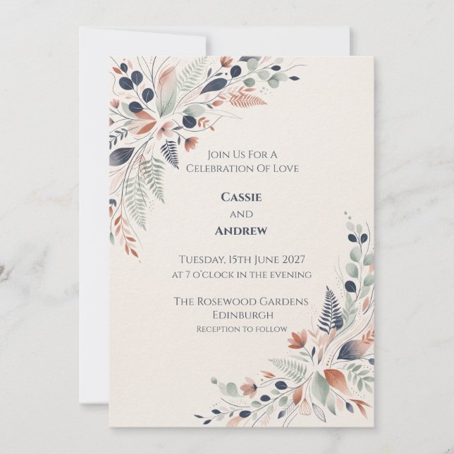 Convite de Casamento Blue Coral Floral Corner (Frente)