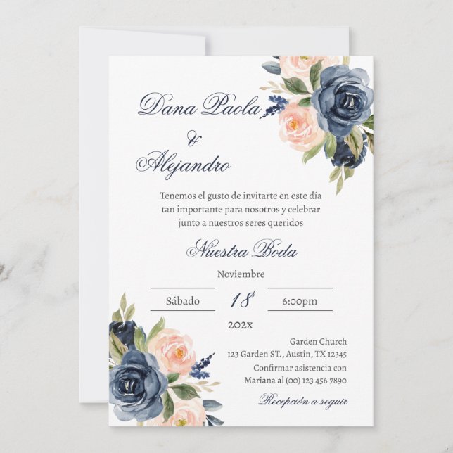 Convite de casamento Blue Floral em espanhol (Frente)
