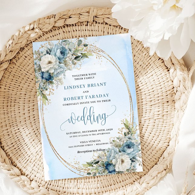 Convite de Casamento Blue Floral Eucalyptus Dourad (Blue Floral Eucalyptus Gold Glitter Wedding Invite)