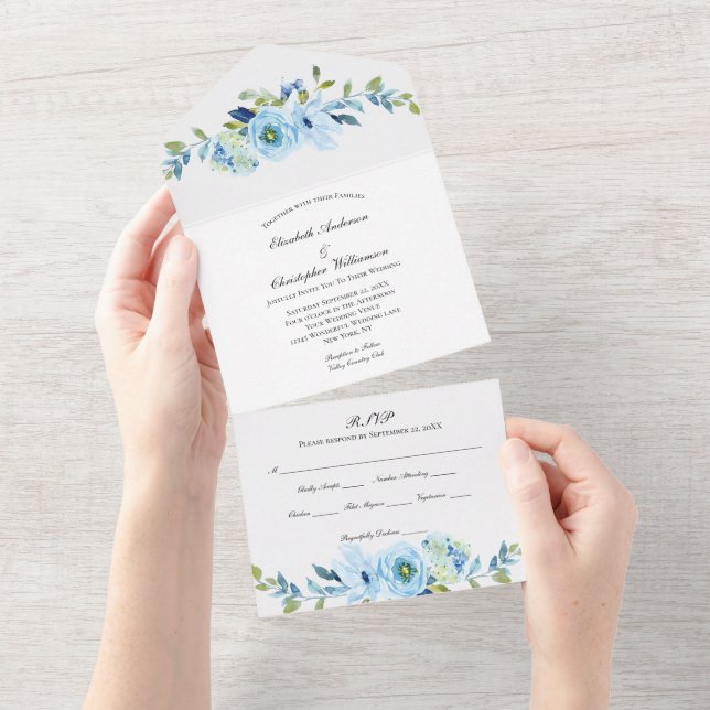Convite de Casamento Blue Floral Greenery Tudo em  (Tearaway)
