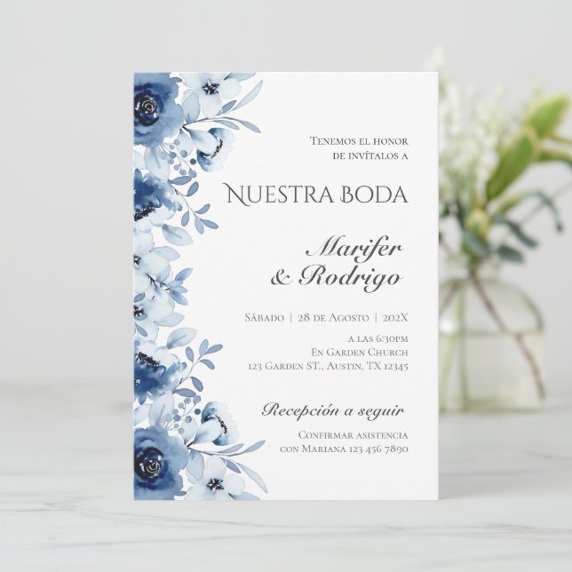 Convite de casamento Blue Flores (Em pé/Frente)