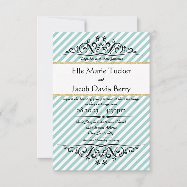 Convite de Casamento Blue Gold Stripe Flourish - 3 (Frente)