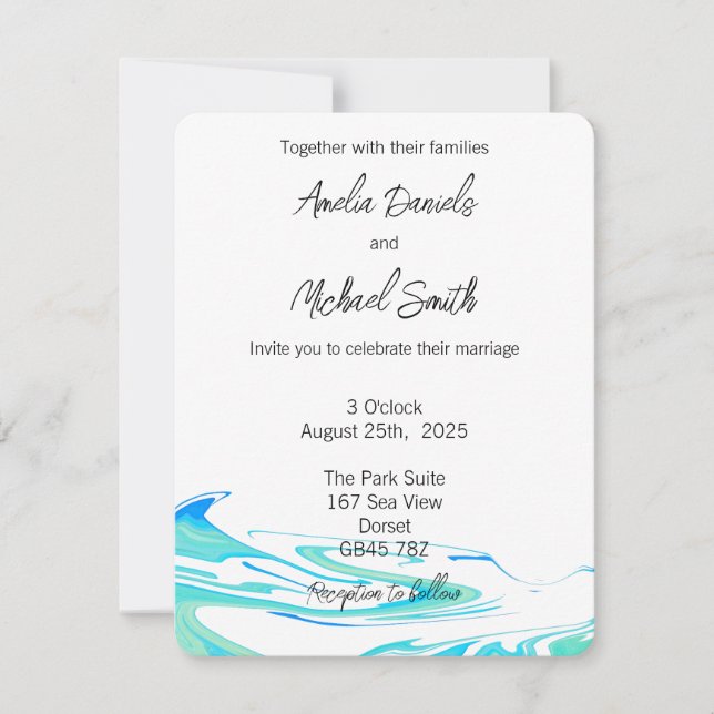 Convite de Casamento Blue & Green Wave (Frente)