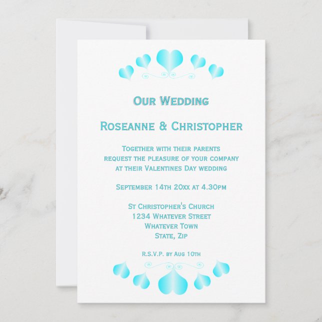 Convite de Casamento Blue Hearts Design (Frente)