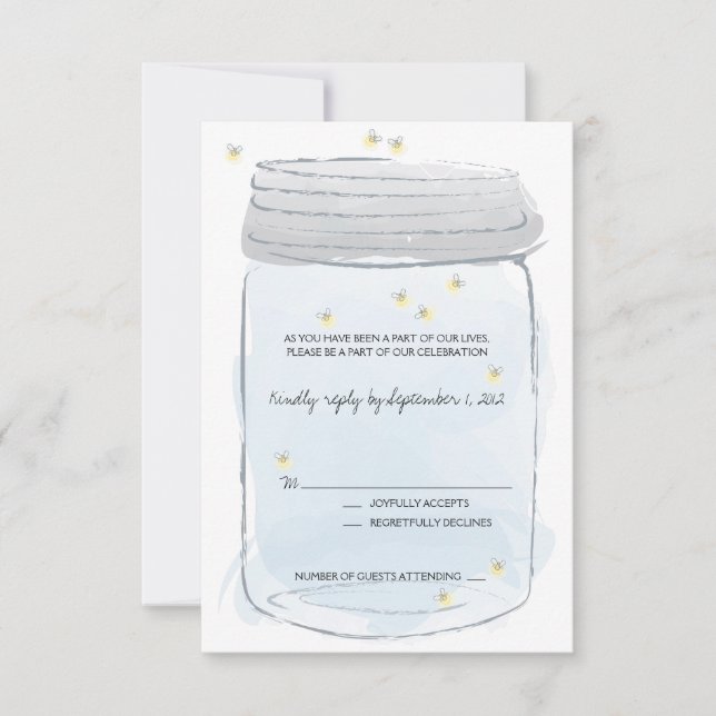 Convite de Casamento Blue Mason Jar & Fireflies (Frente)