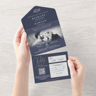 Convite de Casamento Blue Monogram All in One