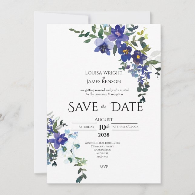 Convite de casamento Blue Orchid Save the Date (Frente)