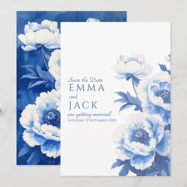 Convite de casamento Blue Peony Floral Save the Da (Frente/Verso)