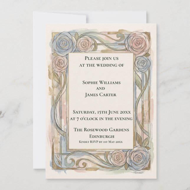 Convite de Casamento Blue Rose Nouveau (Frente)