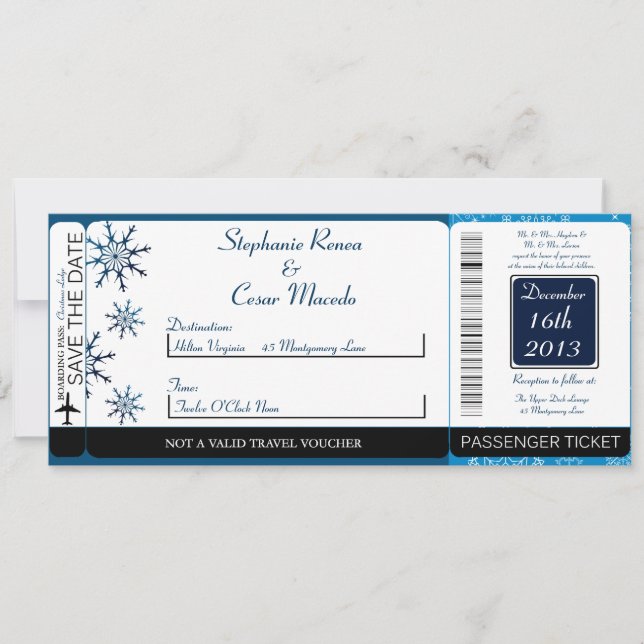 Convite de Casamento Blue Stars Boarding Pass (Frente)