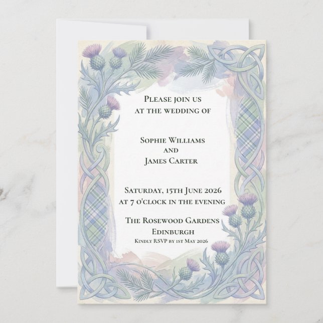 Convite de Casamento Blue Tartan Thistle Celta (Frente)