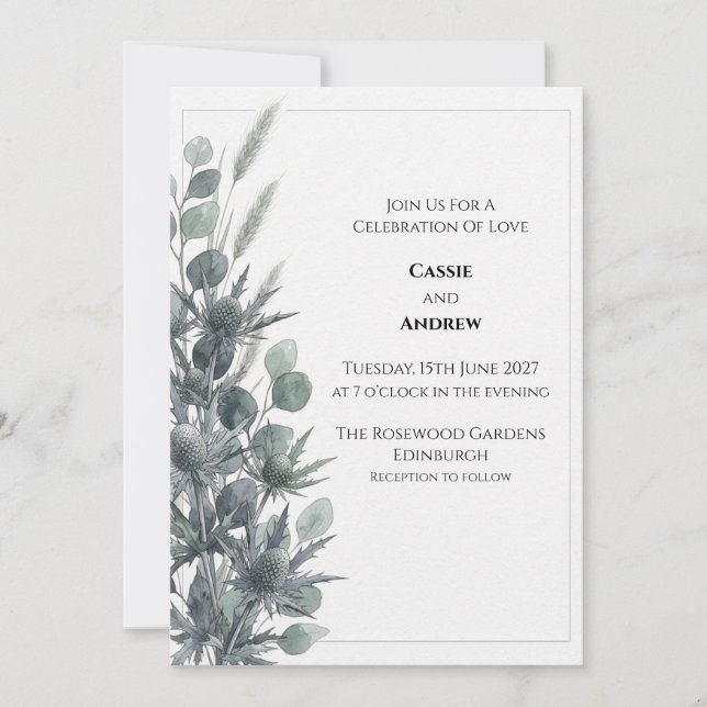 Convite de Casamento Blue Thistle Eucalyptus (Frente)