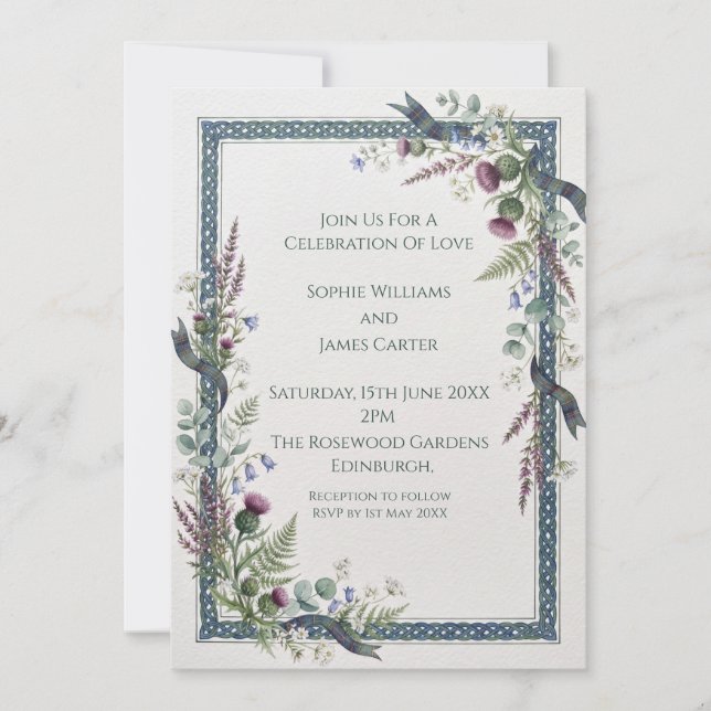 Convite de Casamento Blue Thistle Tartan (Frente)