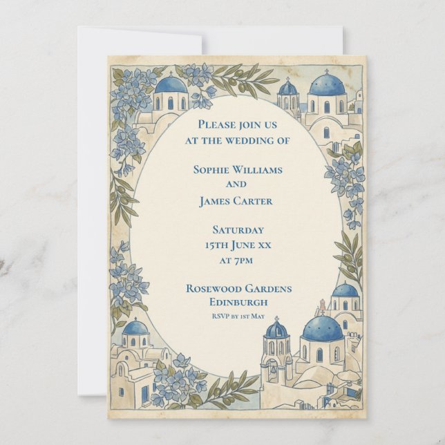 Convite de Casamento Blue Tile Santorini (Frente)