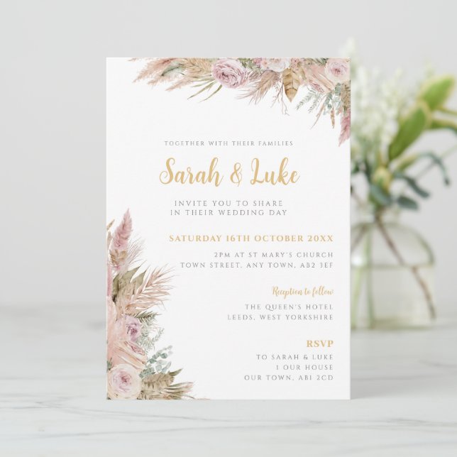 Convite de Casamento Blush Boho com Grama Pampas (Em pé/Frente)