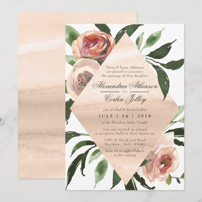 CONVITE DE CASAMENTO | Blush de Sage de Aquarela F (Frente/Verso)