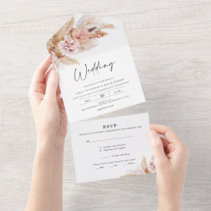Convite de Casamento Blush Floral Boho Tudo em Um