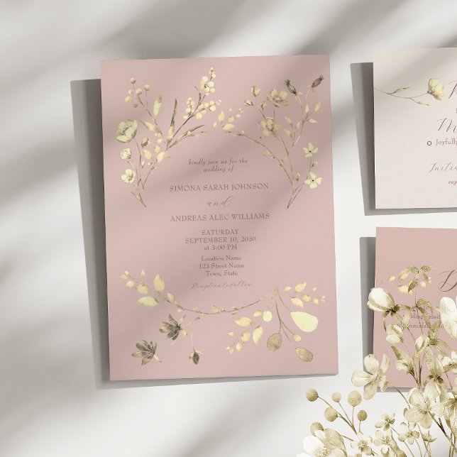Convite de Casamento Blush Gold Wildflower (Criador carregado)