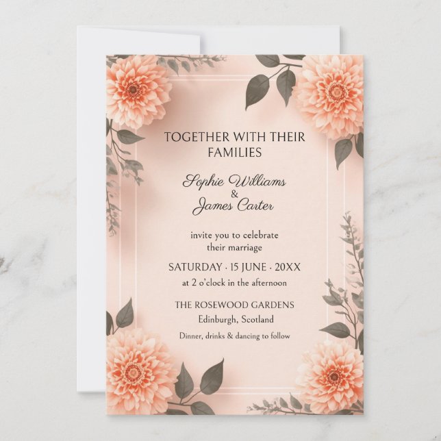 Convite de Casamento Blush Peach Dahlia (Frente)