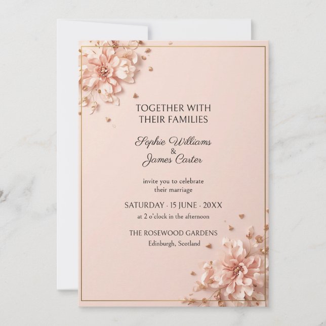 Convite de Casamento Blush Pink Floral Gold Frame (Frente)
