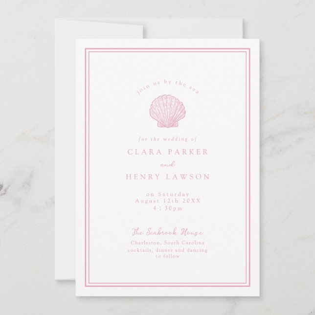 Convite de Casamento Blush Pink Seashell Costeiro (Frente)