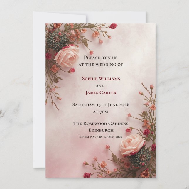 Convite de Casamento Blush Rose | Floral Romântico (Frente)