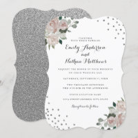 Convite de Casamento Blush Silver Floral Confetti