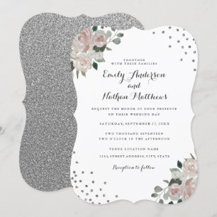 Convite de Casamento Blush Silver Floral Confetti