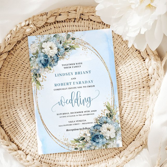 Convite de Casamento Boêmio Azul Floral com Brilho (Bohemian Blue Floral Gold Glitter Wedding Invitation)