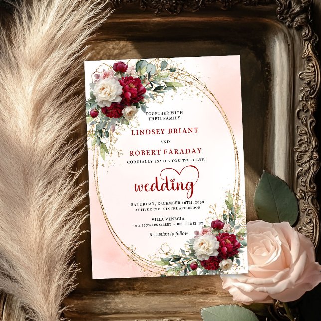 Convite de Casamento Boêmio Burgundy Chic Floral (Chic Burgundy Bohemian Wedding Invitation Floral)