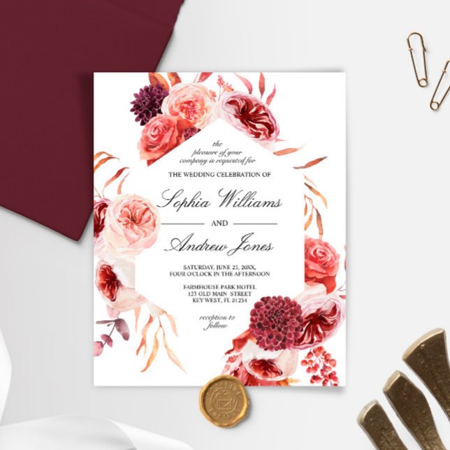 Convite de Casamento Boêmio Marsala Rosa Orçamento (Criador carregado)