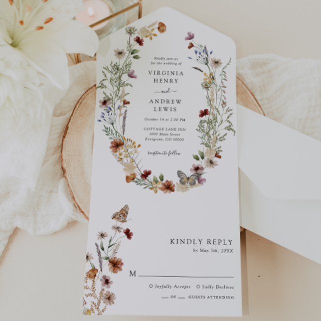 Convite de Casamento Boho All in One (White Boho Wildflower All in One Wedding Invite with Butterfly by Painted Paperie
)