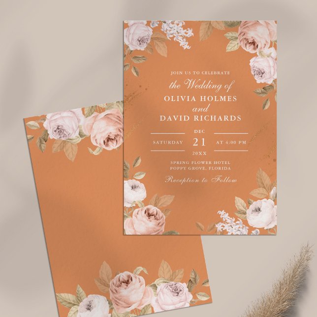 Convite de Casamento Boho Apricot Peonies (Boho Apricot Peonies Wedding Invitation on a neutral table)